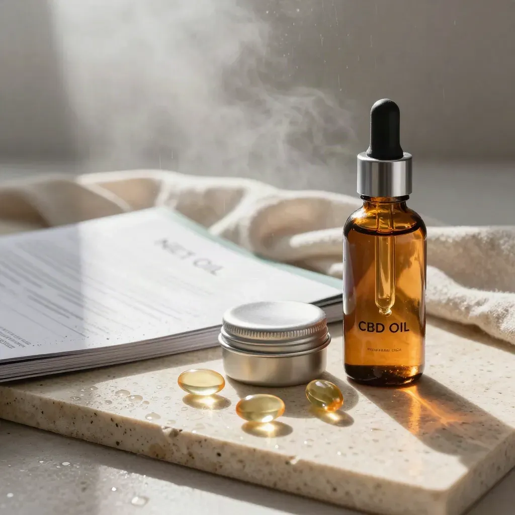 CBD tincture, balm tin, softgels and report sleeve on wet stone in dawn mist.