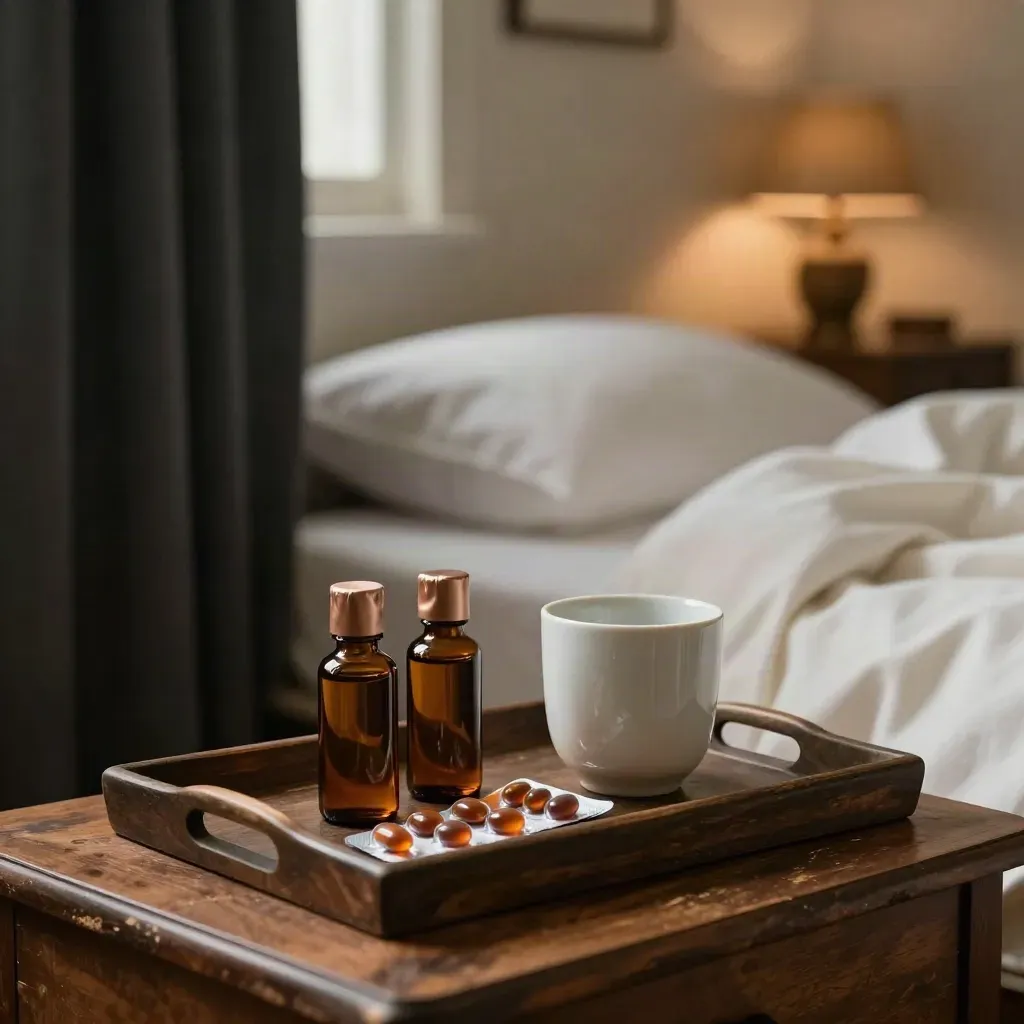 Bedside CBD softgel bottles and water glass beside a duvet and blackout curtains at lamp glow