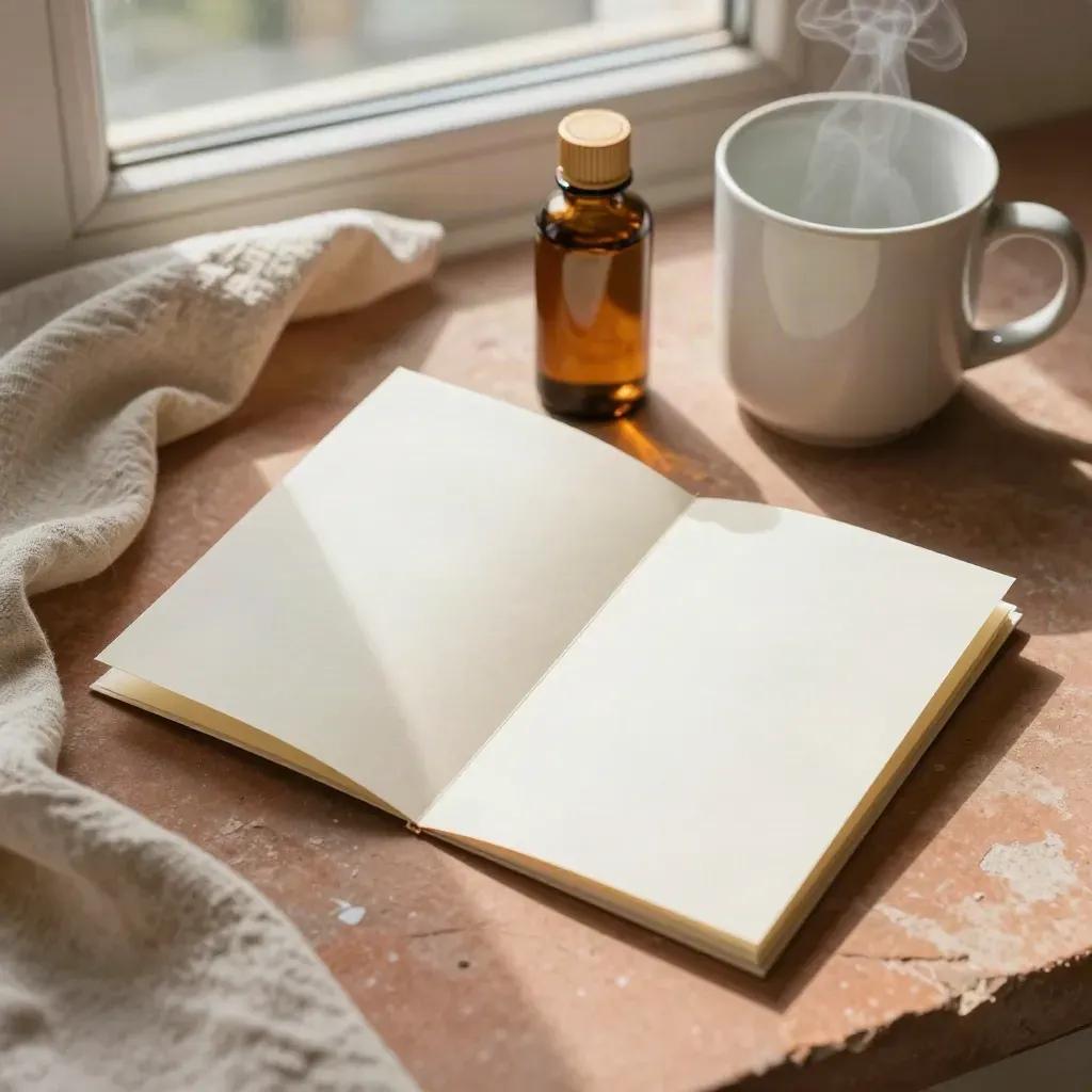 Top-down warm flatlay of a dosing guide booklet, amber CBD bottle and white mug on terracotta stone.