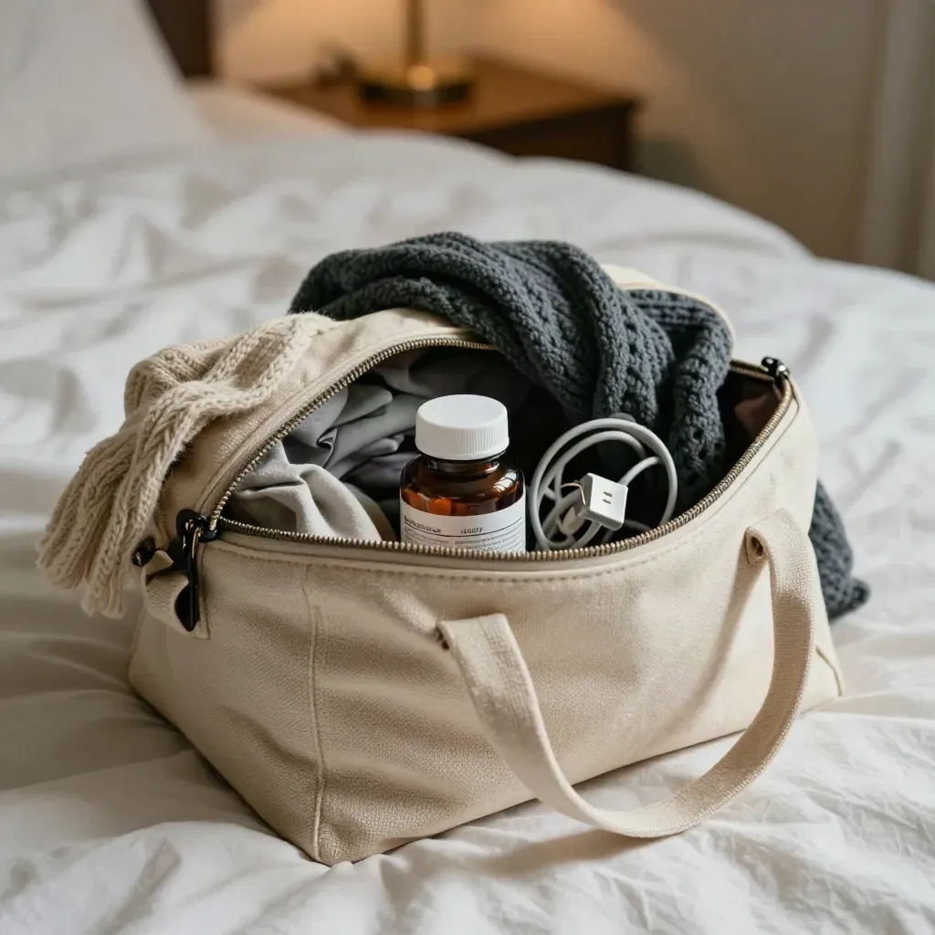 Travel softgel bottle sliding into a canvas pouch beside a charger cord and knit scarf in a hotel room.