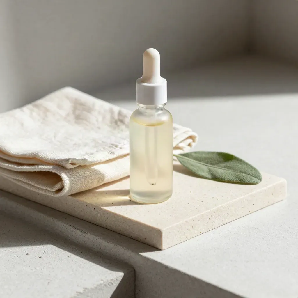 Broad-spectrum CBD dropper bottle, folded cloth and leaf on a stone tray in soft window light.
