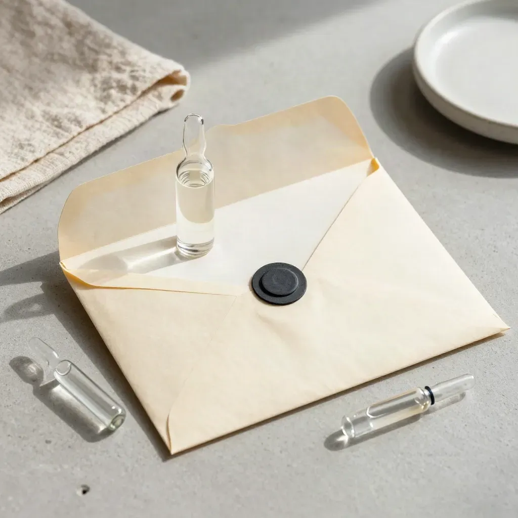 Sealed lab report packet, clear test vial, and glass ampoule on pale concrete